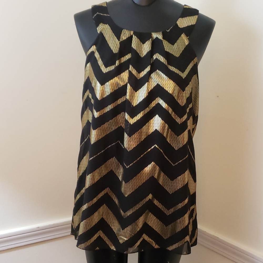 NWT Iz Byer Black/Gold Sheer Chevron Stripe Tunic